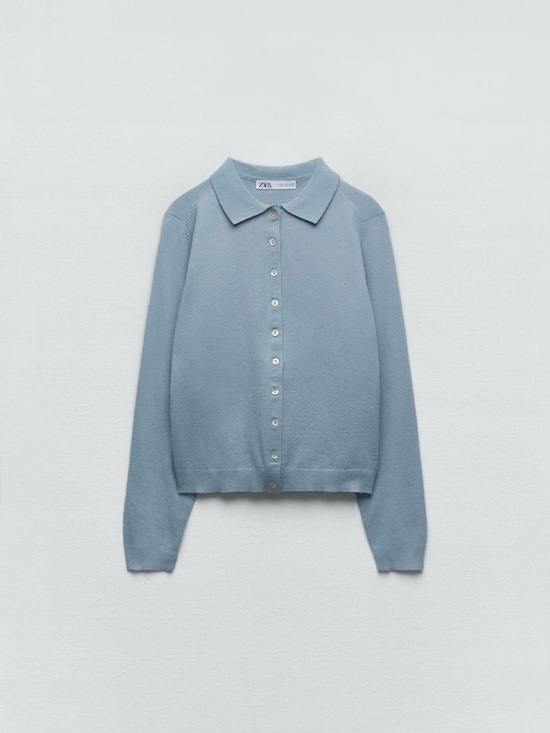 Zara Sweaters - Zara Dusty Blue Knit Polo Cardigan